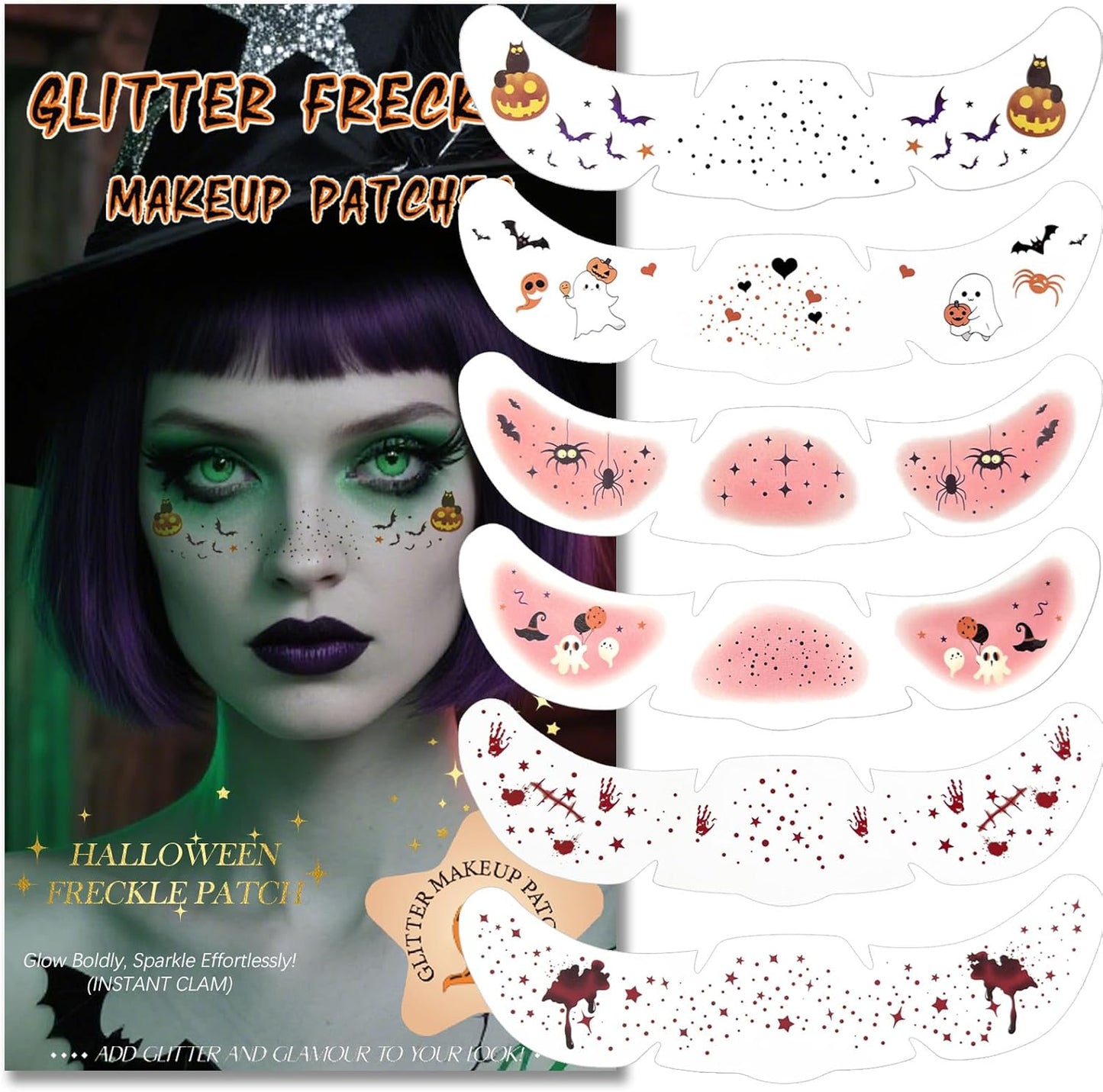 Glitter Freckles, Holographic Face and Body Glitter Tattoo Sparkle for Women Gold Glow Cosmetic Star Makeup Accessories for Festival Rave (6pcs Halloween)