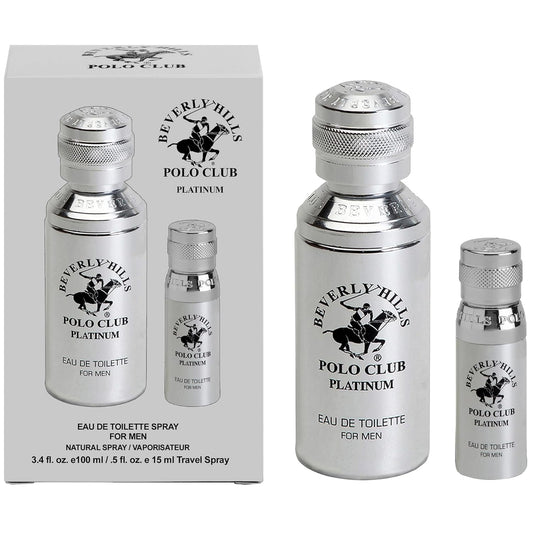 Beverly Hills Polo Club Platinum Cologne for Men | Designer Eau de Toilette Bonus Pack | Long-Lasting 3.4oz + Travel 0.5oz Spray | Alluring & Sophisticated Fragrance Gift Set