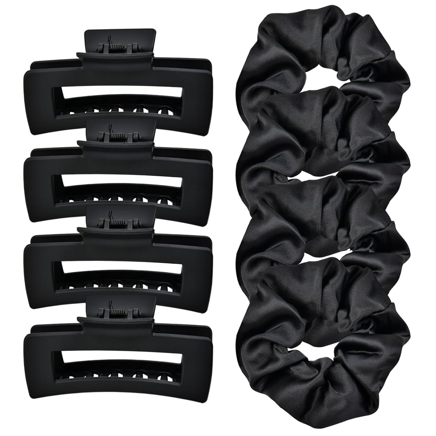 8pcs Black Hair Accessories Set – Square Hair Clips for Women, Satin Hair Scrunchies for Thick Thin Hair, Non-Slip Matte Hair Claws, Birthday Gift