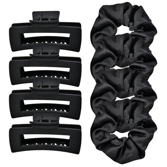 8pcs Black Hair Accessories Set – Square Hair Clips for Women, Satin Hair Scrunchies for Thick Thin Hair, Non-Slip Matte Hair Claws, Birthday Gift