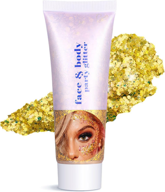 Body Glitter Gel - Halloween Costumes for Women, Sparkly Chunky Glitter Hair for Kids, Halloween Christmas Singer Concert Festival Rave Accessories (Gold Body Glitter)