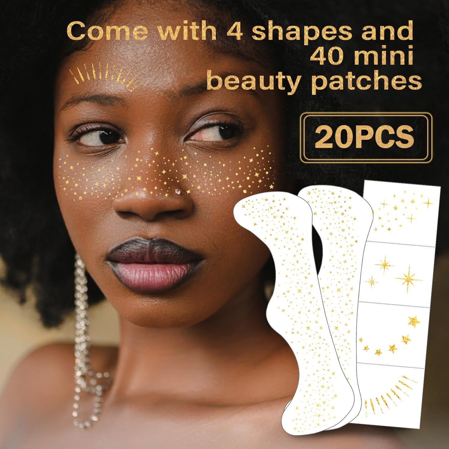 20 Pcs Makeup Patches,Glitter Freckles Patches with 5 Shapes - Sparkling Self-Adhesive Face Jewels for Festival, Rave & Party Makeup - Waterproof Face Glitter Stickers for Women & Teens