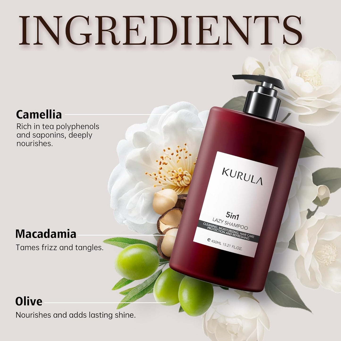 Shampoo for Women & Men 5in1 Hair Care - All-in-one | Volumizing, Moisturizing, Hydrating and Repairing for All Hair Types | Camellia Oil | Natural, Soft and Fluffy Again, 15.2 OZ