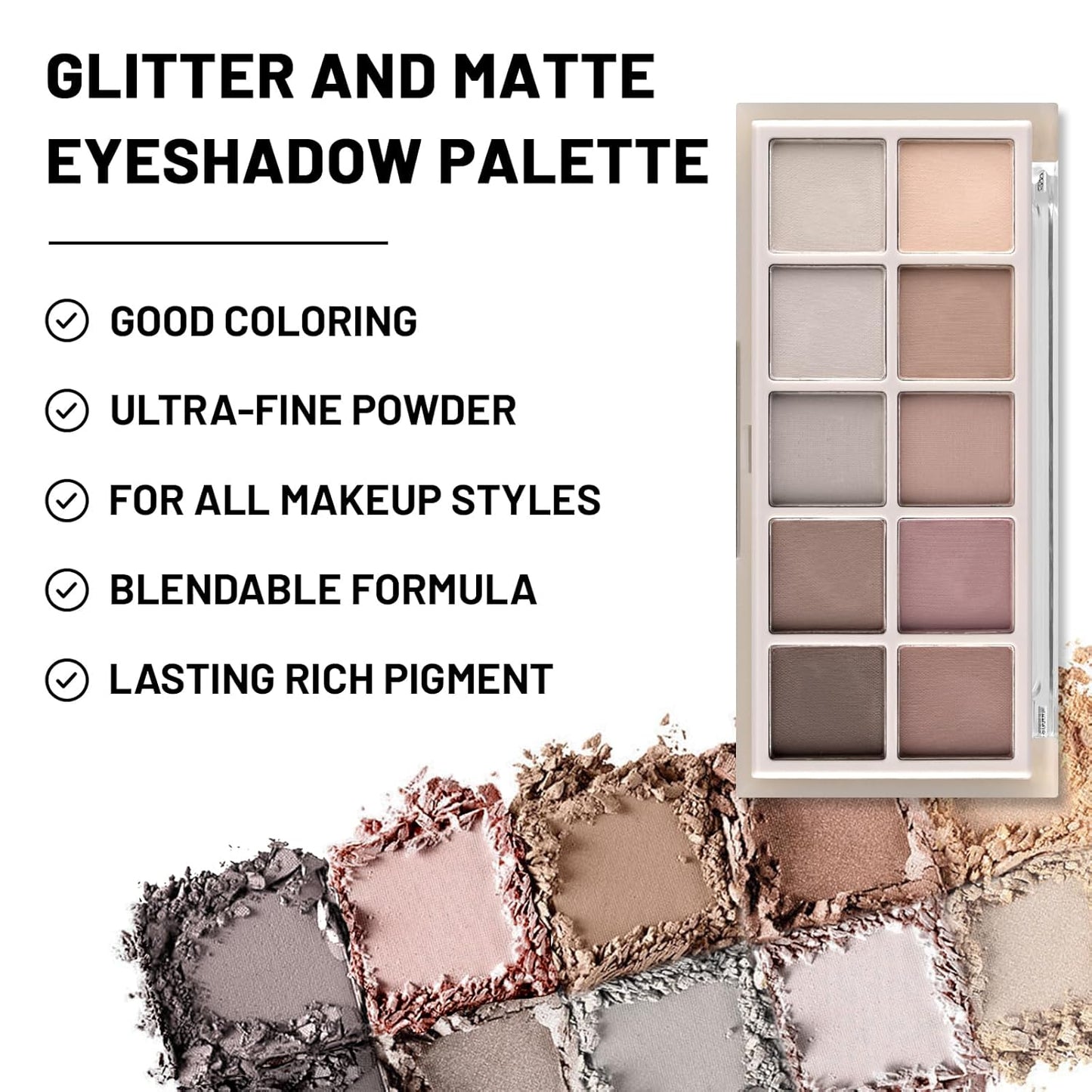 KYDA 10 Colors Nude Eyeshadow Palette, Neutral Grey Smokey Eye Pallete, Taupe Brown Matte Eye Shadow Palette, Ultra-Blendable, Long Lasting Natural Eyeshadow for Older Women, Smokey Grey