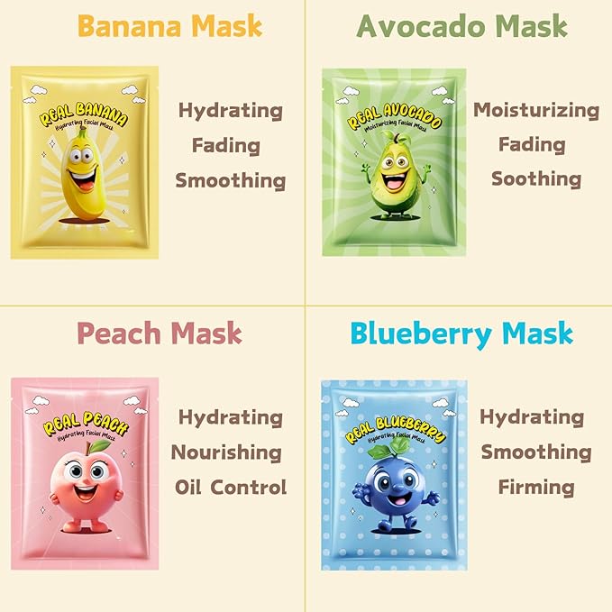 Fruit Face Masks - Face Masks Skincare - Hydrating Face Mask Pack - Moisturizing, Antioxidant & Nourishing Facial Mask - sleepover party supplies for girls - Teen Girl Gifts (8PCS, Fruit)
