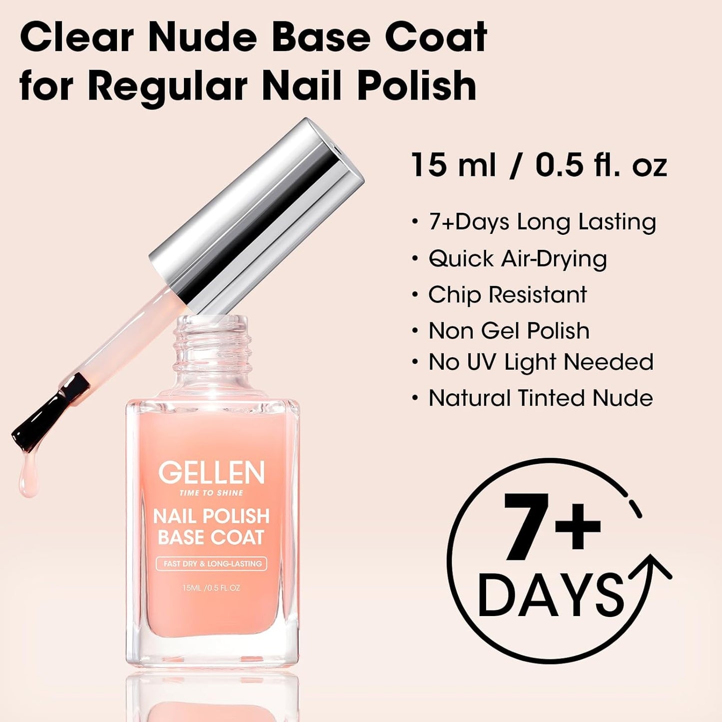 GELLEN Clear Nail Polish Base Coat Sheer Tinted Nude, Natural Color Regular Nail Polish, Calcium Formula Strengthens Nails, Enhances Natural Look, Quick Air Dry, Anti-Yellowing, Hema Free, Non-toxic