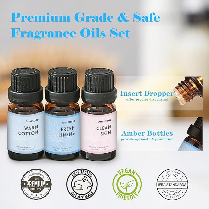AmaKane Fragrance Oils Clean Set, 6 Premium Soap Making Scents, Fragrance Oil for Candle Making, Essential Oils for Laundry, Fresh Linen, Clean Skin, Warm Cotton and More Aromatherapy Diffuser Oils