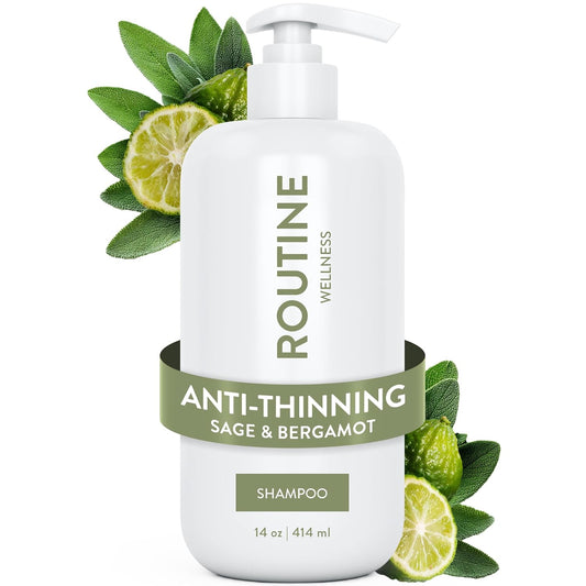 Routine Wellness Anti-Thinning Shampoo for Thinning Hair - Biotin DHT Blocker Women & Men - Color Safe Shampoo for Hair Loss & Healthy Growth (Sage & Bergamot)