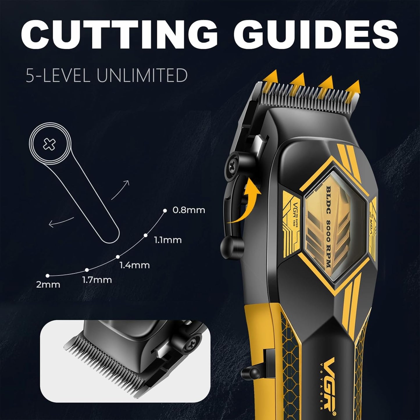 VGR 119 Professional Cordless Hair Clippers for Men, Rechargeable Barber Clippers with Base, Lithium-ion Battery Hair Cutting Machine with BLDC Motor and Ceramic Blades for Home and Barber, Gold