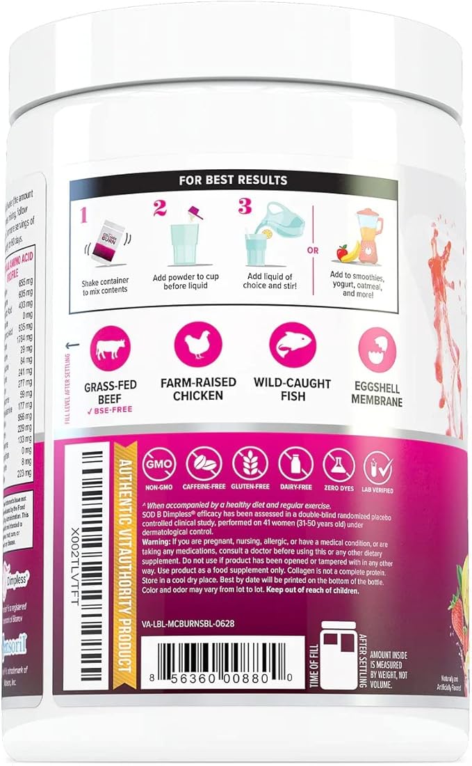 Multi Collagen Burn: Hydrolyzed Protein Peptides with Hyaluronic Acid, Vitamin C, SOD B Dimpless, Types I, II, III, V and X, Caffeine-Free Strawberry Lemonade Flavored 30 Servings