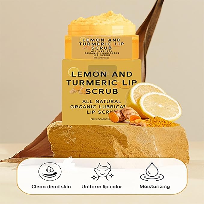 Natural Lip Scrub, Turmeric Lemon Lip Exfoliator Nourishing Sugar Lip Scrub with Aloe Vera Gentle Exfoliant for Dry and Chapped Lips Hydrates & Fade Lip Lines 50g