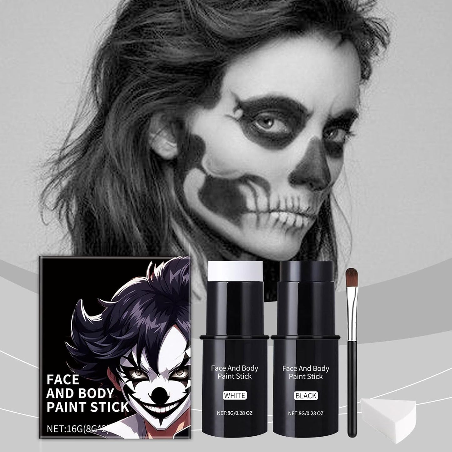 Halloween Face Body Paint For Adults, Black White Face Body Paint Stick Kit For Sfx Makeup Cosplay Joker, Skeleton Makeup