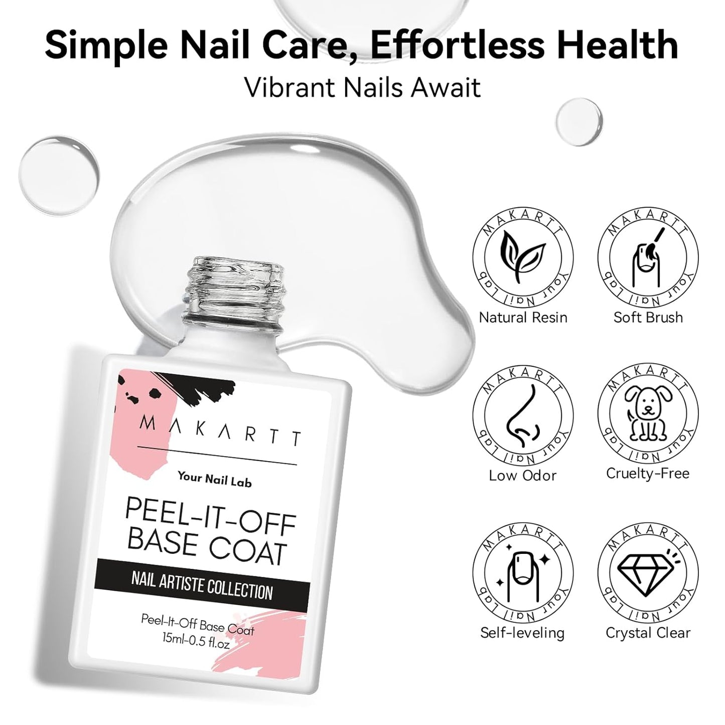 Makartt Peel Off Gel Base Coat: 15ML UV Peelable Base for Gel Nail Polish, Press-On, Nail Tips – Easy Removal, No Soak-Off, UV LED Lamp Required, for Beginners Thin Nails