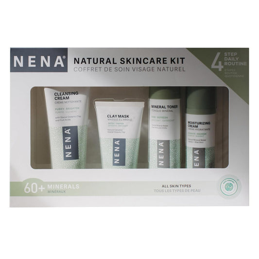 NENA Skincare Natural Skincare Kit - Cleansing Cream Face Wash - Clay Mask for Face - Mineral Hydrating Toner - Moisturizing Cream - Vegan - 4 Pc