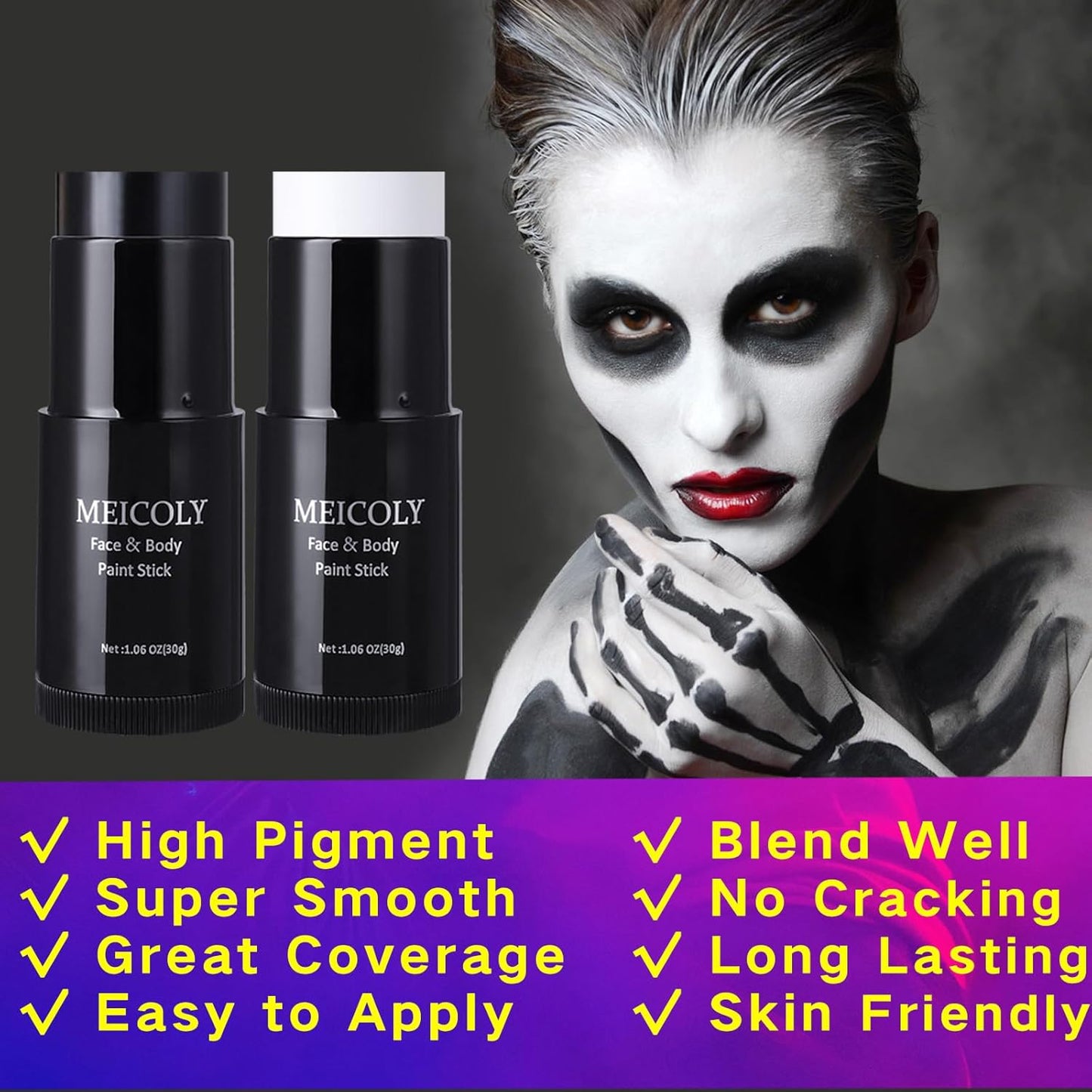 MEICOLY Black White Face Body Paint Stick Set with Sponges and Setting Powder,Face Paint Stick for Adults and Kids,Clown White Makeup,Face Painting for Halloween SFX Skull Zombie Skeleton Goth Makeup