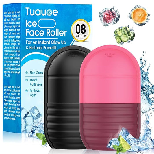 2Pcs Ice Roller for Face, Ice Face Roller, Reusable Silicone Ice Mold for Face, Facial Beauty Ice Roller Skin Care Tools for Shrink Pores Anti Wrinkle Reduce Puffiness (Black + Rose)