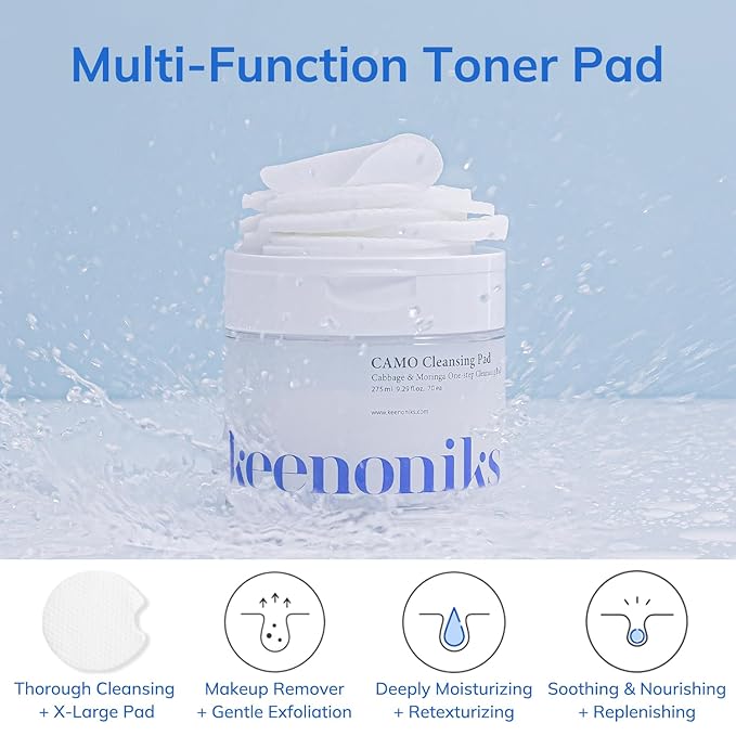 Dual Texture Cleansing Pads with Facial Essence 70ea Large Value Pack- Cabbage & Moringa Wipes for Quick Cleansing, Makeup Remover, Mild Exfoliator | Korean Skincare - (9.29Oz)