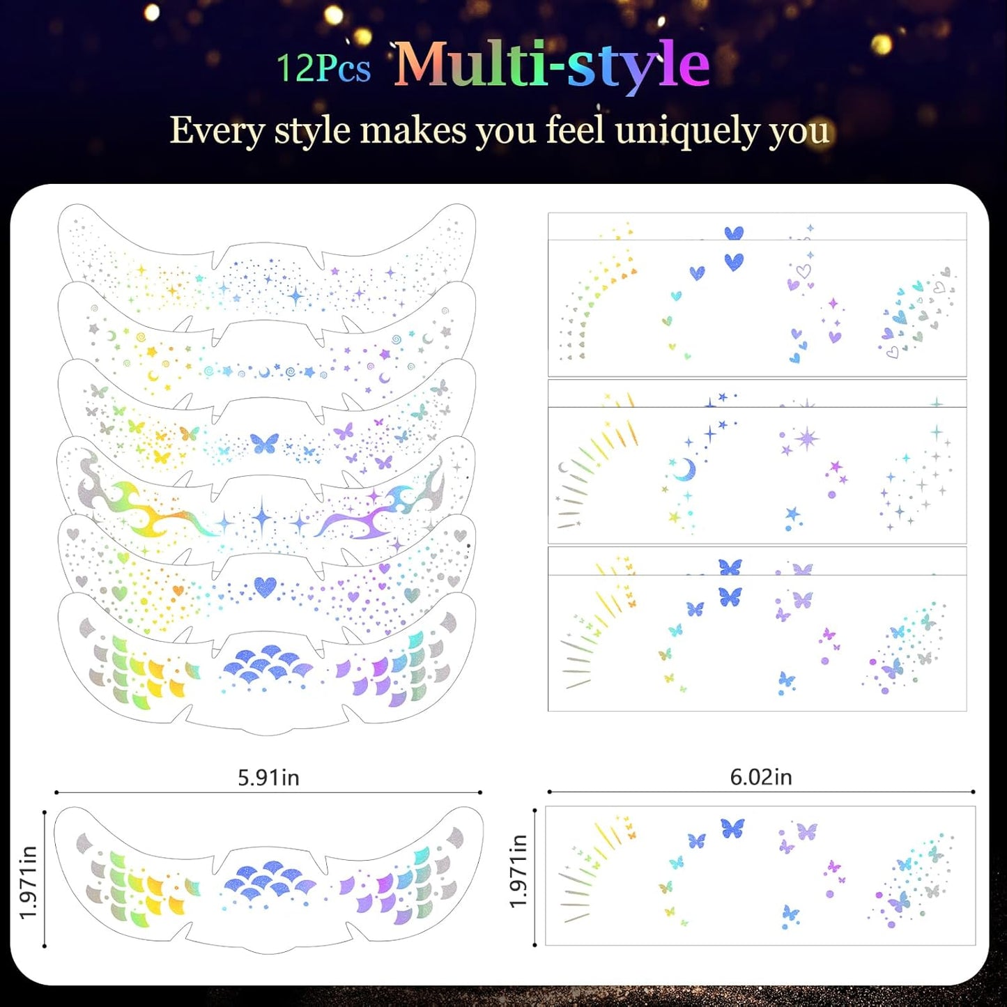 HyperFun 12Pcs Face Glitter Freckles, Face Glitter Fake Freckles Sticker, Holographic Multichrome Waterproof Sparkle Freckles Makeup Patches for Women Rave Festival Accessories Concerts Party Prom