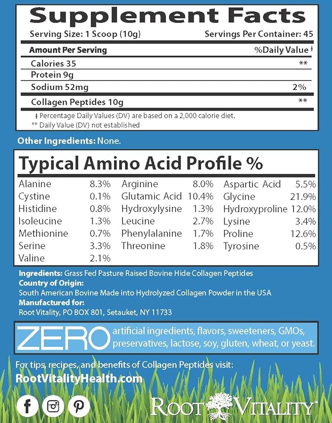 Collagen Peptides Powder - Grass-Fed, Pasture-Raised Hydrolyzed Protein Supplement for Skin, Hair, & Nails - Non-GMO, Zero Sugar Daily Supplement for Men & Women (45 Servings)