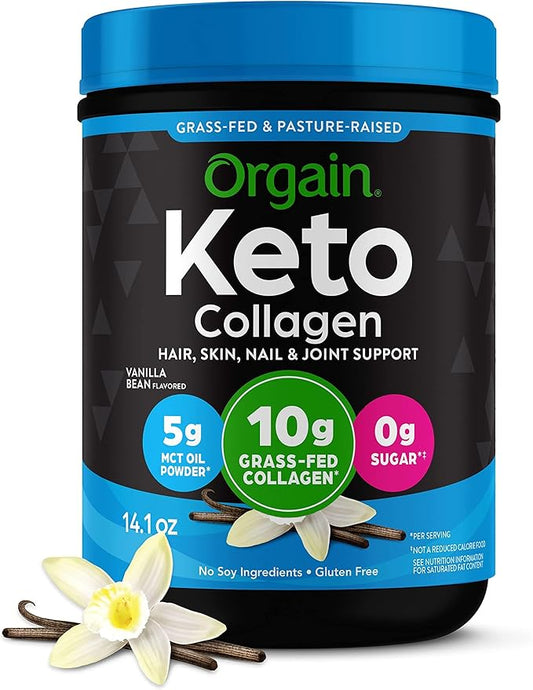 Orgain Keto Collagen Protein Powder, Vanilla - 10g Grass Fed Hydrolyzed Collagen Peptides for Women & Men, Type I & III, 5g MCT Oil - Hair, Skin, Nail, & Joint Support, Non-GMO, Gluten Free - 0.88lb