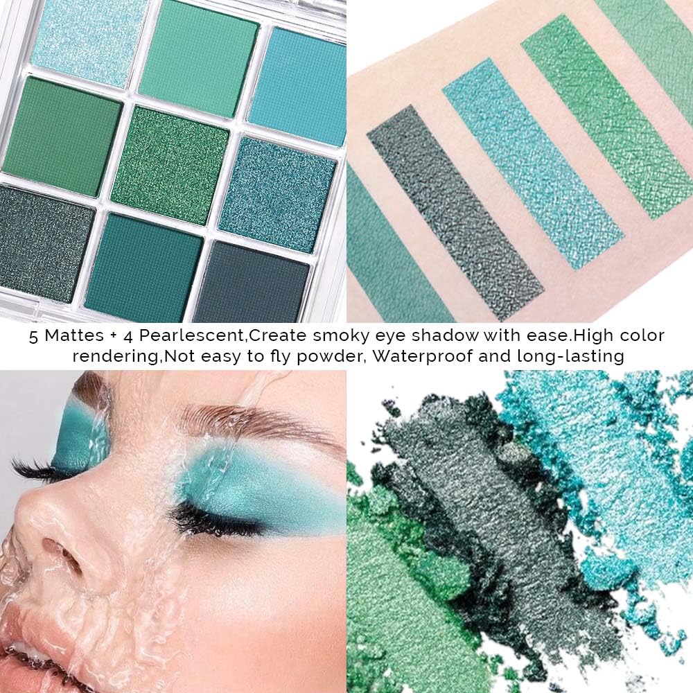 evpct 9 Colors Green Eyeshadow Palette, Light Bright Emerald Dark Teal Green Glitter Metallic Shimmer Sparkly Eye Shadow Eyeshadow Palette Makeup for Older Women Blue Eyes, Highly Pigmented Waterproof