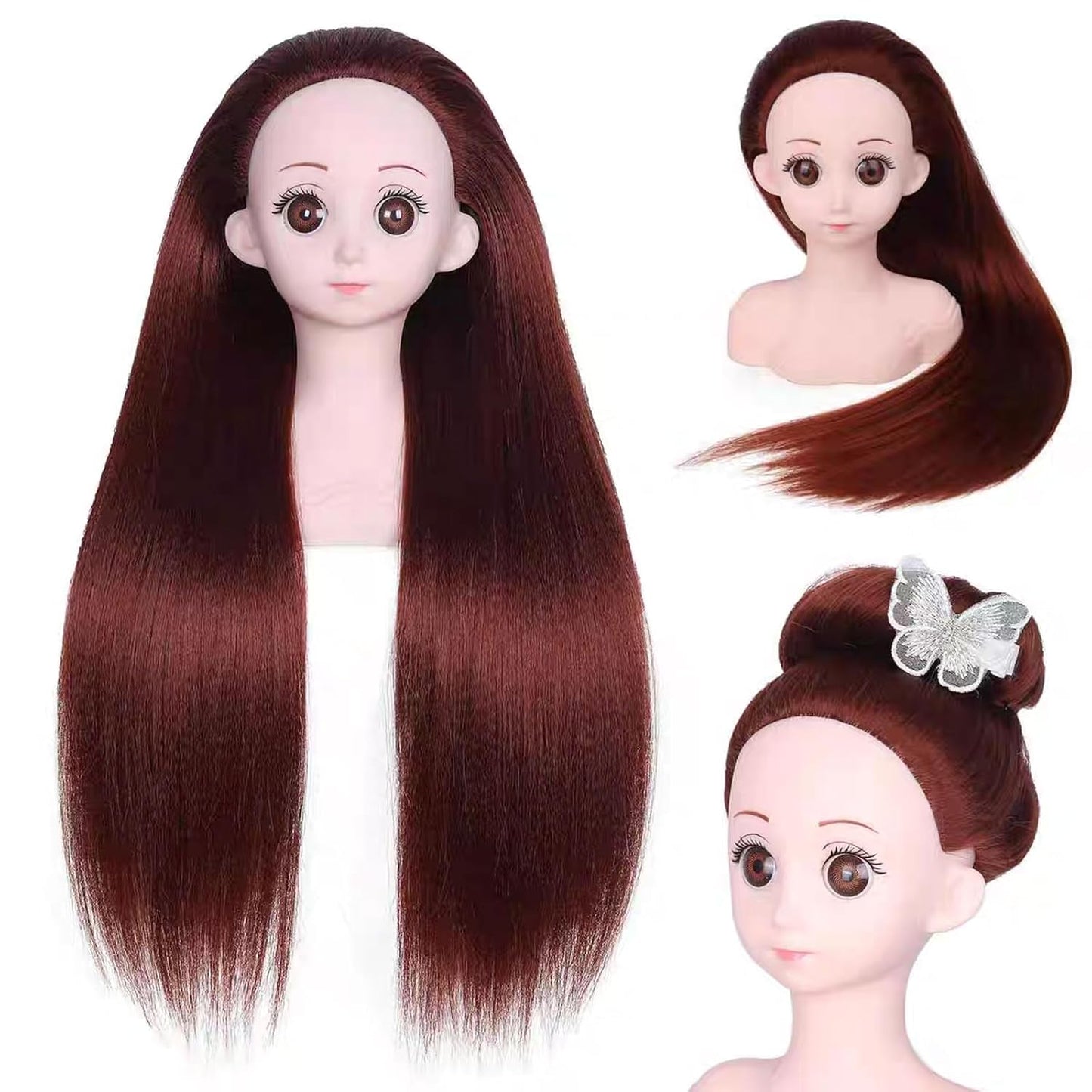 Small Doll Head For Hair Styling,Mini Synthetic Mannequin Head,Doll Head With Clamp Holder & Tools, Practice Doll Head For Hair Braiding,Styling and Cutting with Two Bows (Dark Brown)