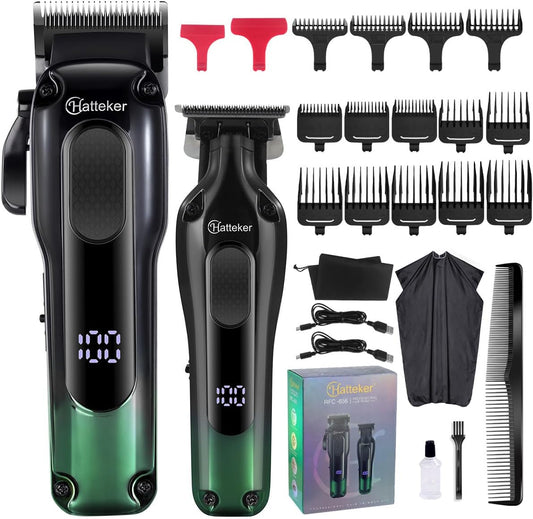 Hatteker Hair Clippers for Men Professional,Clippers and Trimmers Set T-Blade Barber Clippers Set Cordless Clippers Grooming Kit Rechargeable Beard Trimmers Type C Barbers Haircut Kit Green