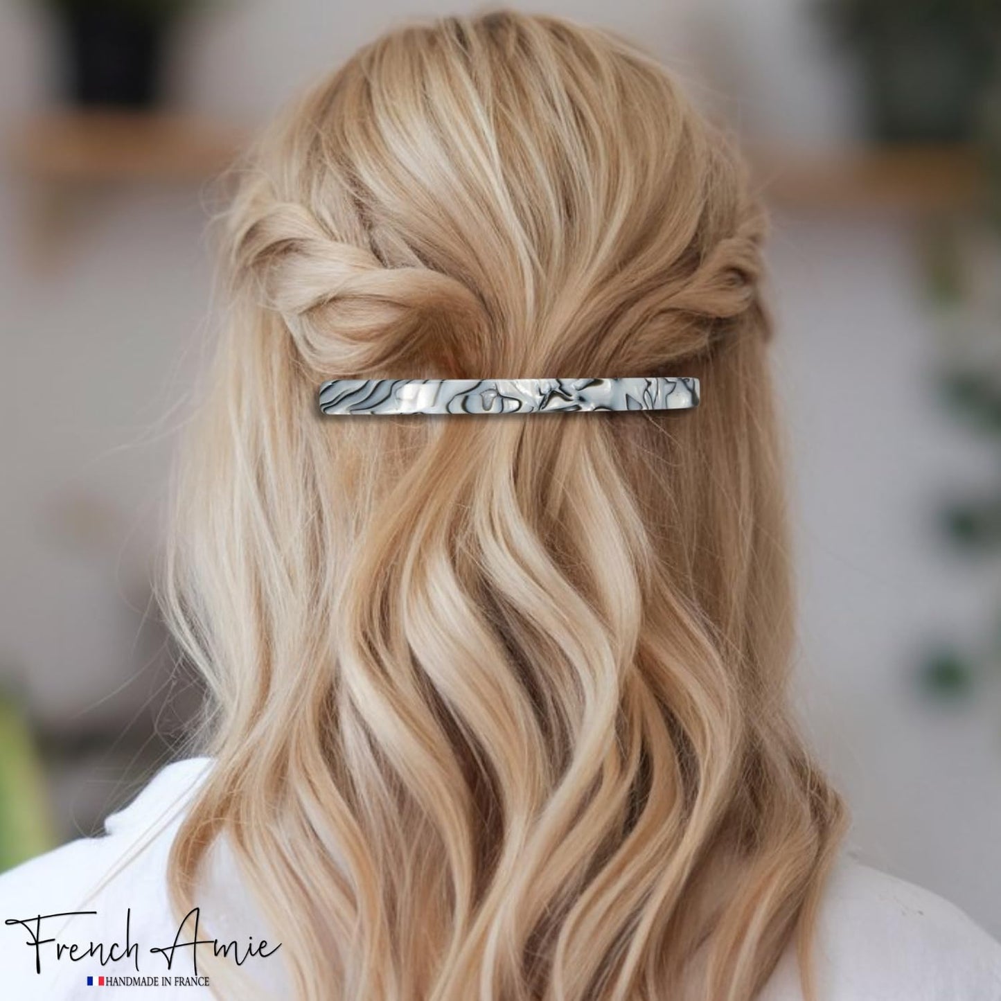 French Amie Long and Thin Large 4" Handmade Celluloid Hair Barrette Clip for Girls Automatic Strong Hold Hair Clips for Women No Slip Durable Paris Hair Accessories, Made in France (Gray Magma)