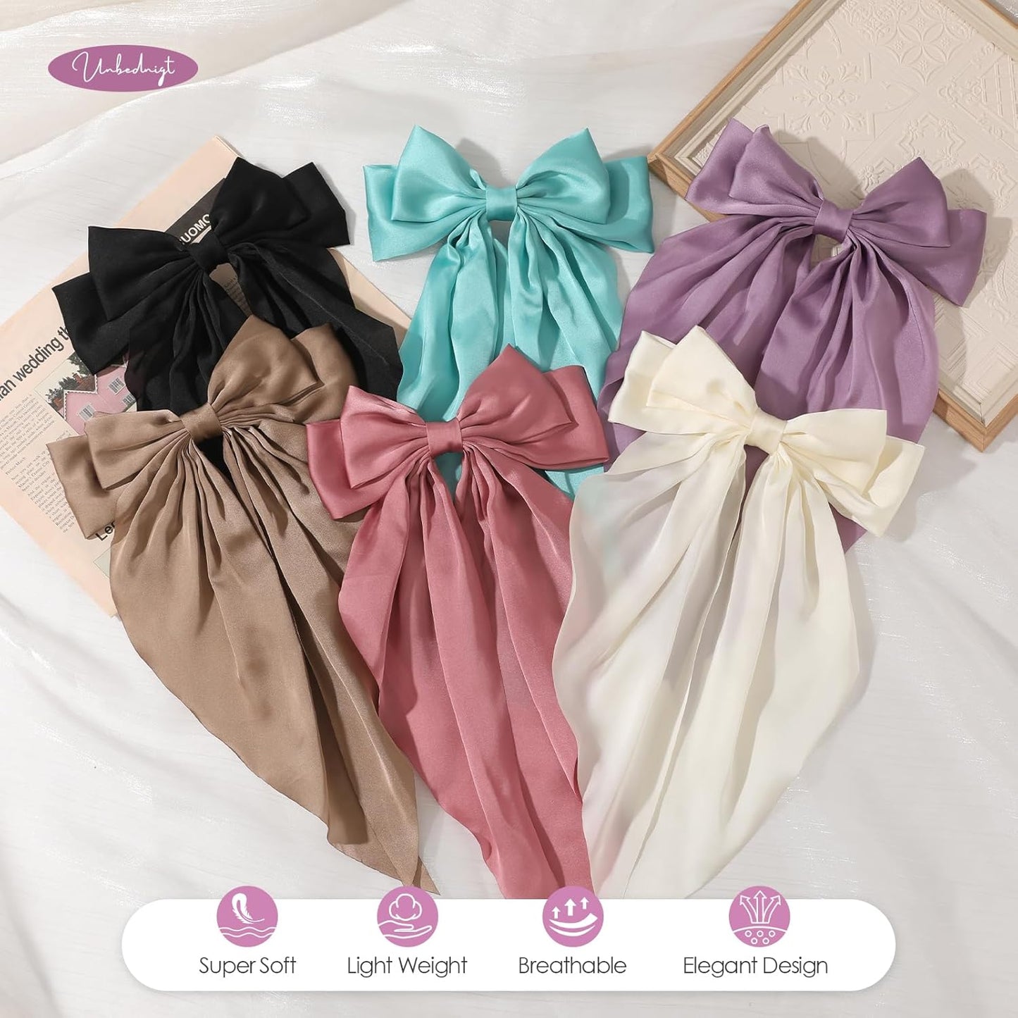 6 PCS Hair Bows for Women, Big Bow Hair Clips for Girls, Silky Satin Hair Bows Clips Oversized Long Tail, Large Cute Aesthetic Hair Accessories, Metal Bow Hair Clips Holiday Gifts