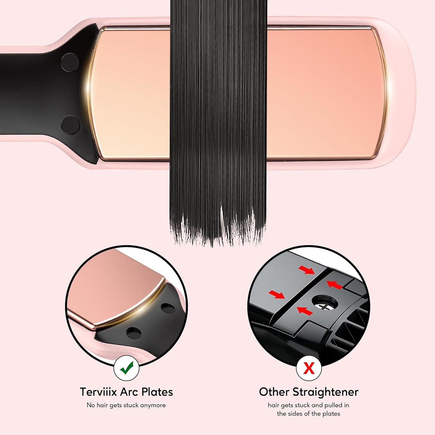 Terviiix Titanium Flat Iron Hair Straightener - ARC Non-Snagging for Smooth, One-Swipe Results, Salon-Grade Wide 1-3/4 Inch Straightening Iron Saves Time on Thick, Curly, Black & Natural Hair, Pink