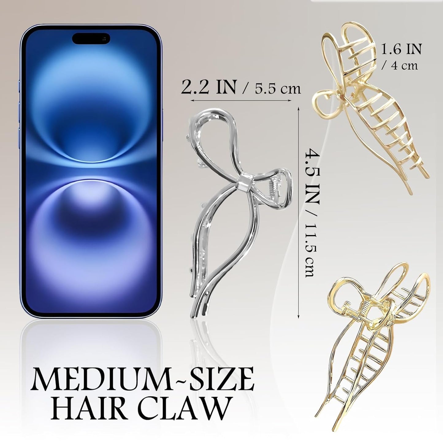 Metallic Bow Hair Clips (2 Pack), Medium Metal Hair Claws, Gold & Silver Alloy Elegant Hair Clamps Y2K Stylish Hair Accessories for Thick and Thin Hair