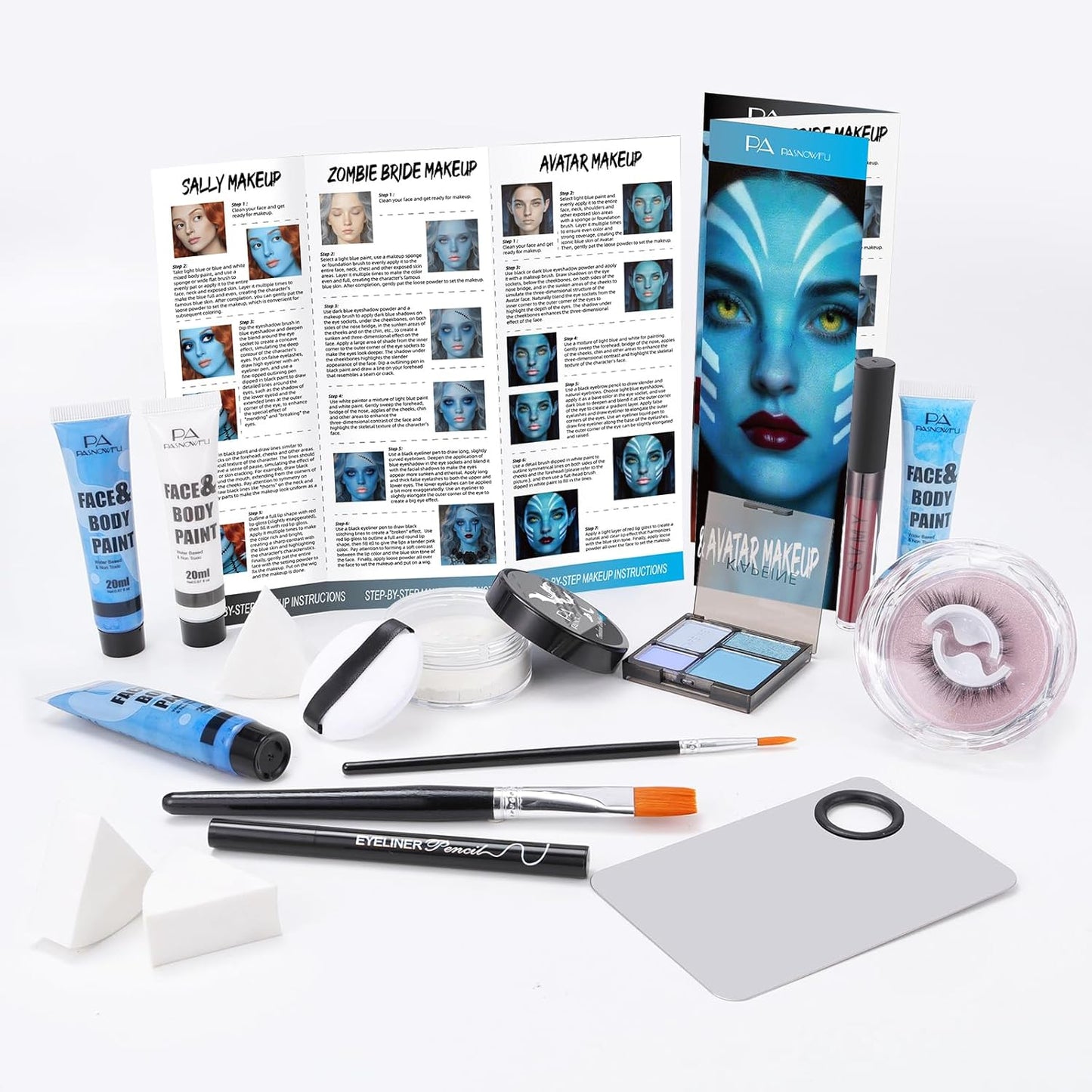 Halloween for Sally& Corpse Bride Makeup Kit, Water-Based Face Paint Set with Blue Face Paint Red Lip Gloss for Avatar Smurf Costume Cosplay, Halloween Cosplay SFX Makeup Set for Party