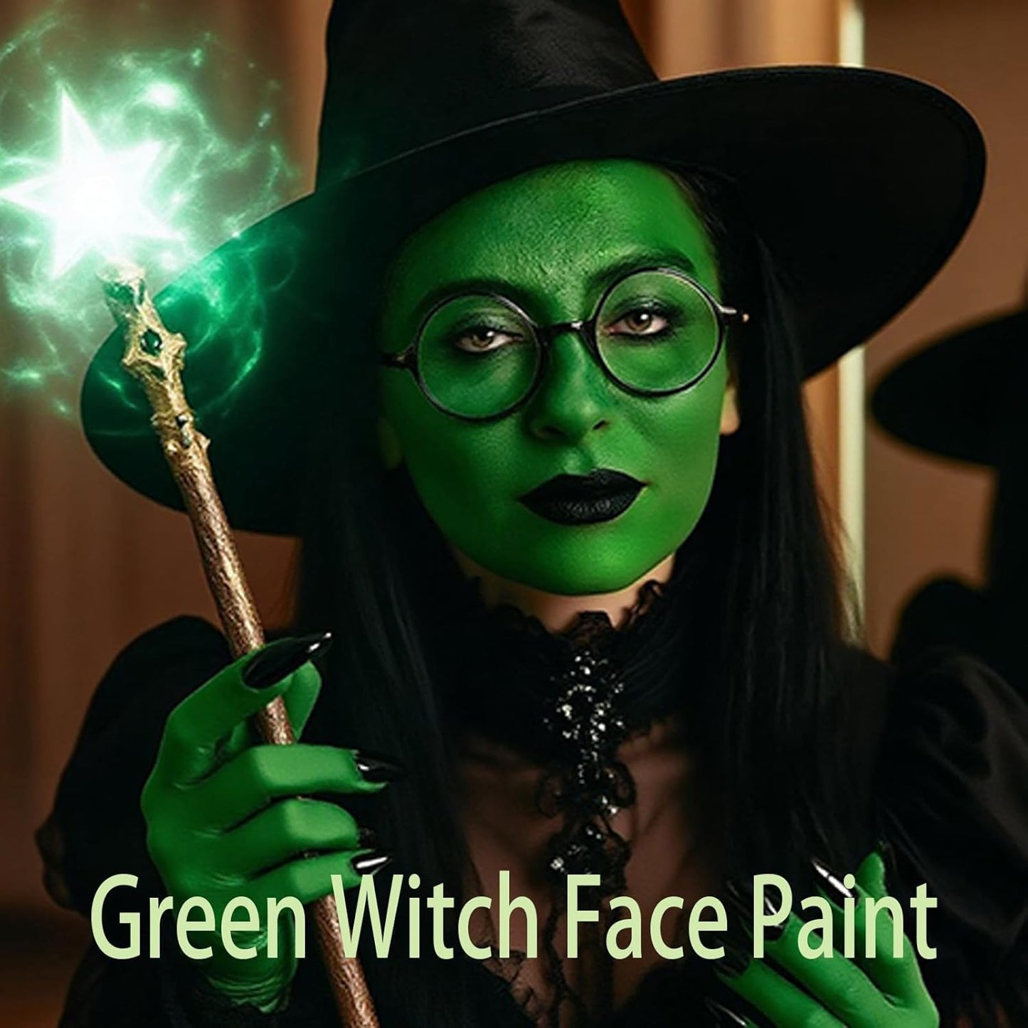 Halloween Elphaba Makeup Kit,Complete Black Green Yellow Face Body Paint with Scar Wax SFX Makeup Set,Frankenstein Green Witch Costume with Setting Powder for Stage,Cosplay, and Theater