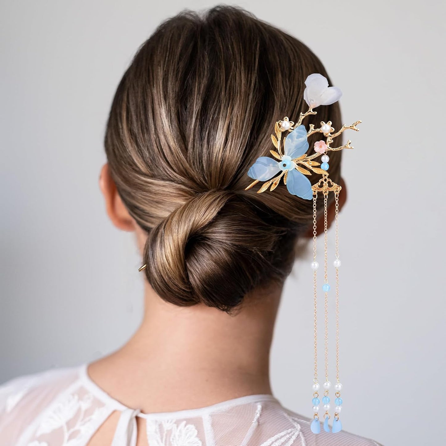 5pcs Flower Tassels Hairpin for Women, Non-Slip Crystal Pearl Greenstick Hair Clips, Retro Chinese Hanfu Wedding Brides Hair Accessories for Long Hair