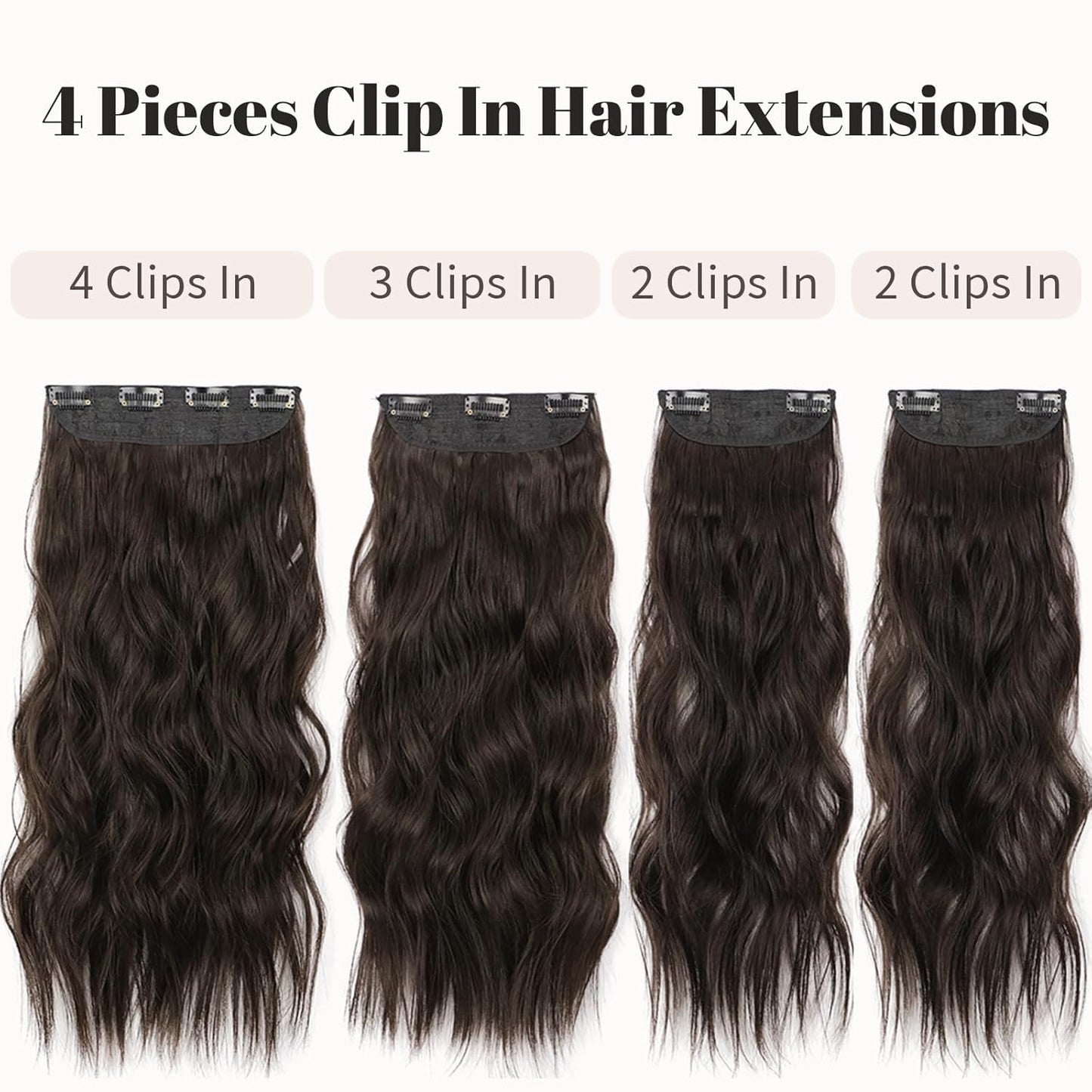 KooKaStyle Clip in Synthetic Hair Extensions Long Wavy 4PCS Thick Hairpieces Dark Brown 6# Fiber Double Weft Natural Hair Extensions 16 Inch for Women