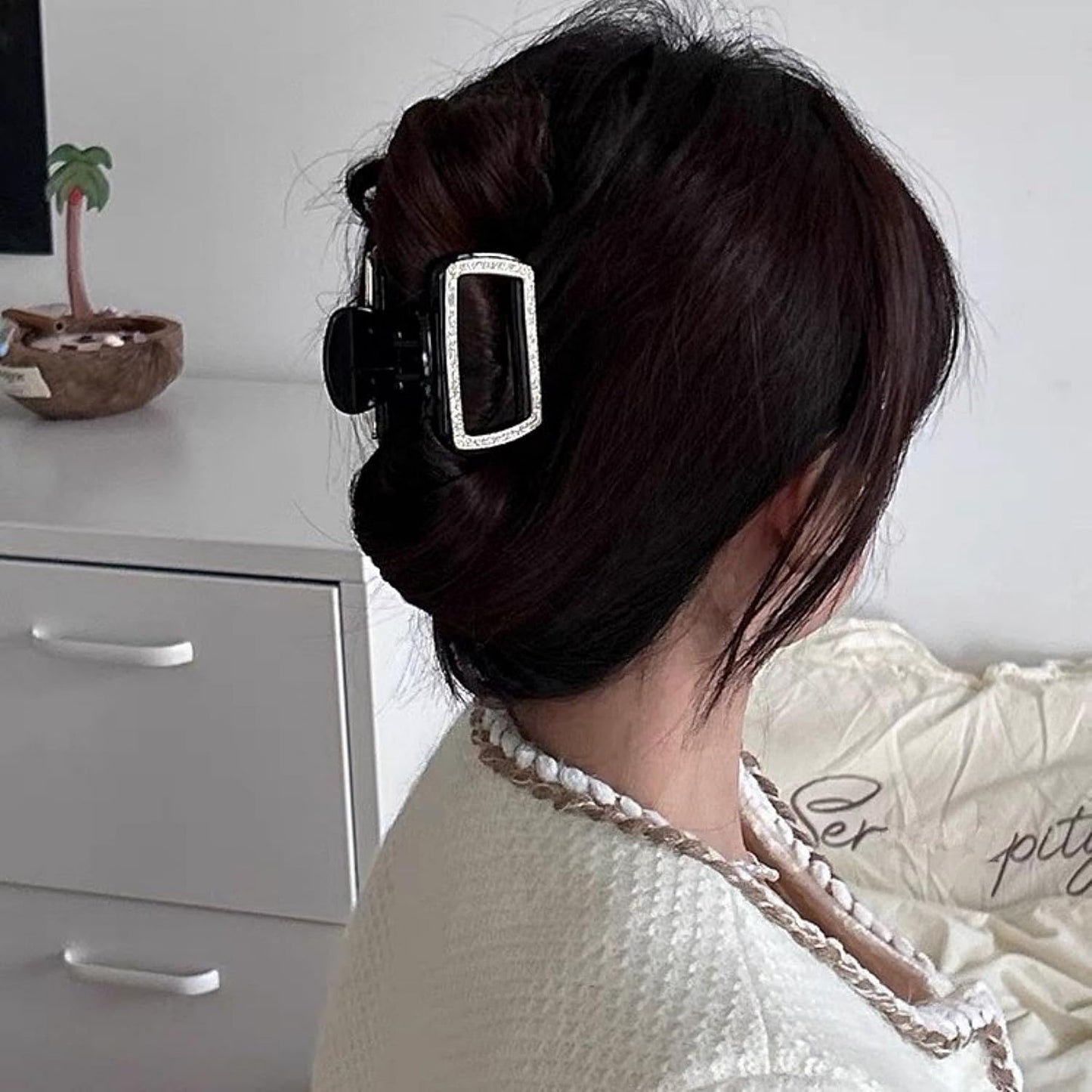 SINIDE Crystal Hair Claw Clips, Square Rhinestone Plastic Claw Clips Nonslip Acrylic Jaw Clip for Thick Long Hair, Fashion Clamps Accessories for Women Strong Hold Barrette for Styling (2 Pack)