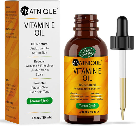 Natnique Vitamin E Oil 1 oz – Natural D-Alpha Tocopherol for Face, Skin, Hair & Nails – Pure, Non-GMO Moisturizer for Scars, Stretch Marks & Dry Skin – Cold-Pressed Carrier Oil for Body & Beauty Care