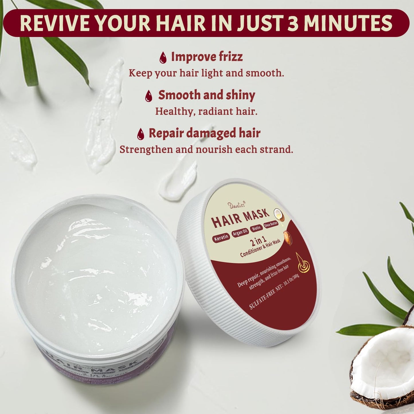 Sulfate-Free Collagen Deep Conditioning Hair Mask, Keratin Mask for Repairs Damaged Hair with Biotin, Shea Butter & Coconut. Adds Smoothness, Nourishes & Hydrates Dry or split ends Hair. 10.1 oz.