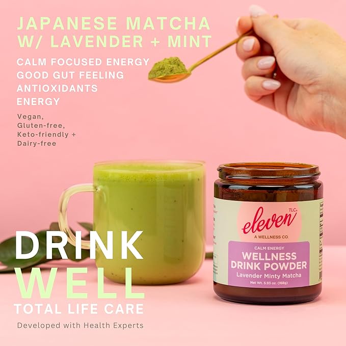 Eleven TLC, Lavender Minty Matcha Powder Ceremonial Grade Wellness Drink Mix, (Sourced from Japan) Vegan Flavored Matcha Latte, Amber Non-Reactive Glass Jar, 21 Servings