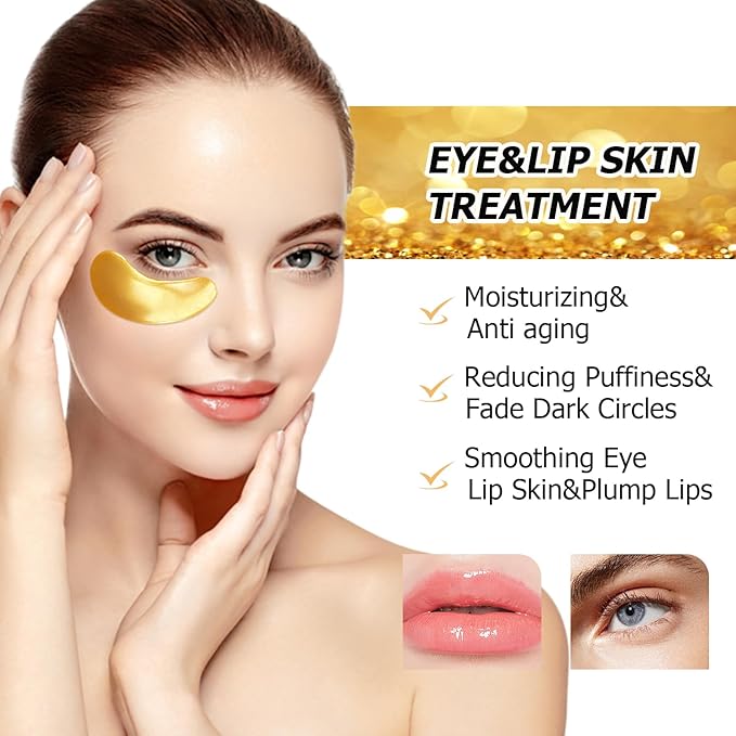 40 Pairs Pink Lip Masks & Eye Masks, 24K Gold Gel Collagen Eye Patches for Puffy Eyes, Dark Circles, Wrinkles and Eye Bags, Moisturizing Crystal Mask Set for Women Men