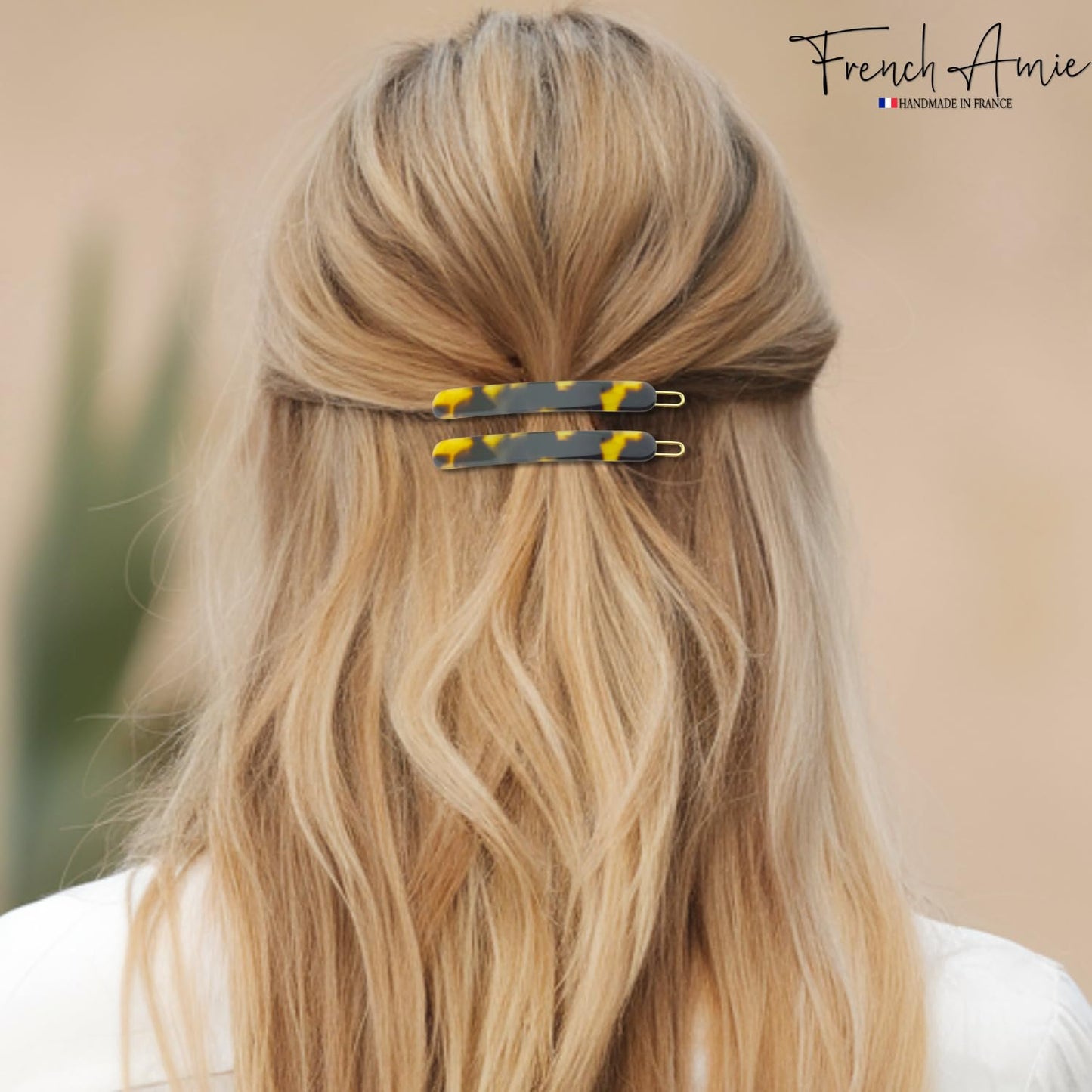 French Amie Rounded Oblong Small 2.5" Cellulose Set of 2 French Hair Clips Tige Boule Handmade Girls Side Slide-in Hair Barrette Clip (Yellow Tokyo)