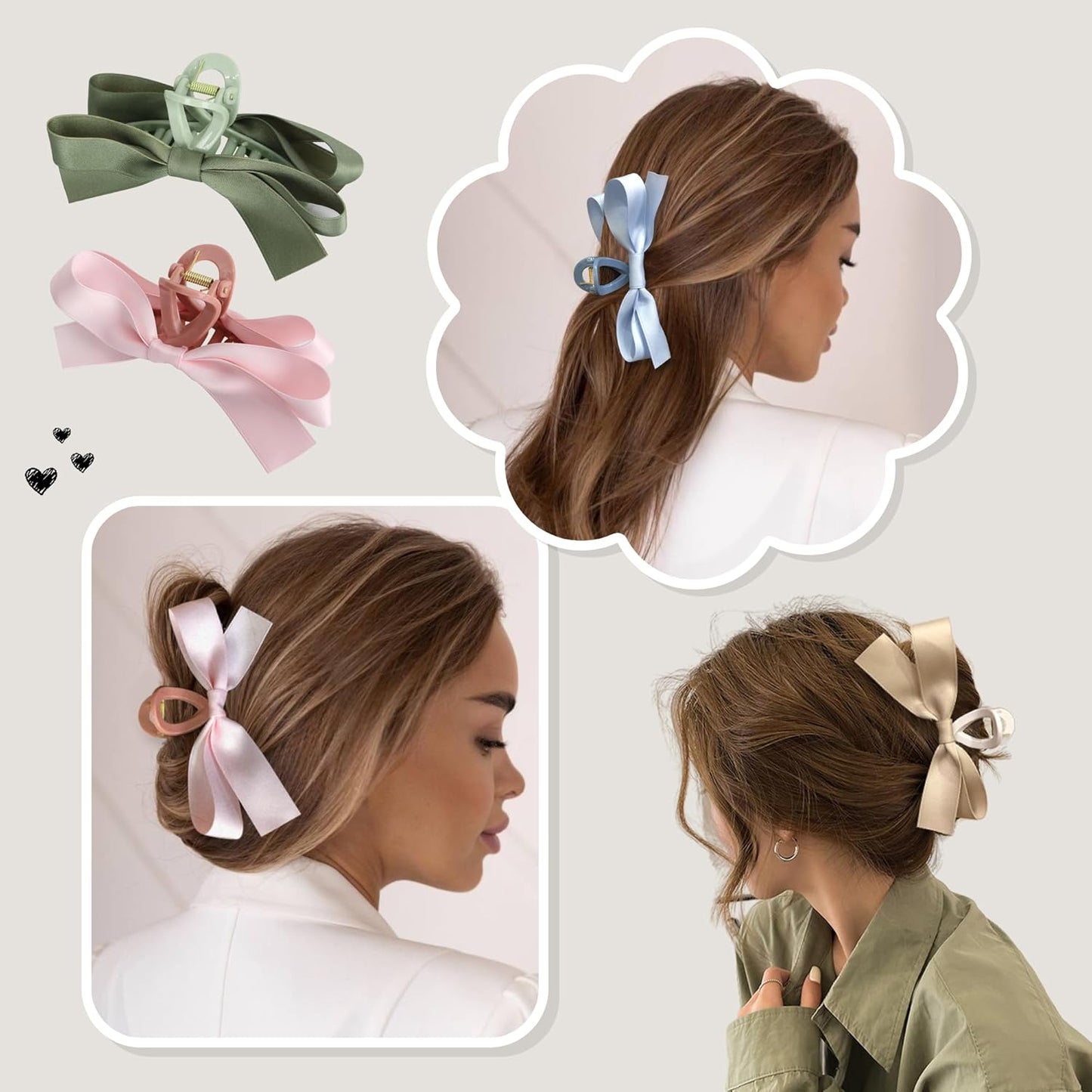 FAELBATY Women's Bow Hair Accessories - Silky Satin Clips with Knots for Thin to Thick Curly Hair, 4 Pcs