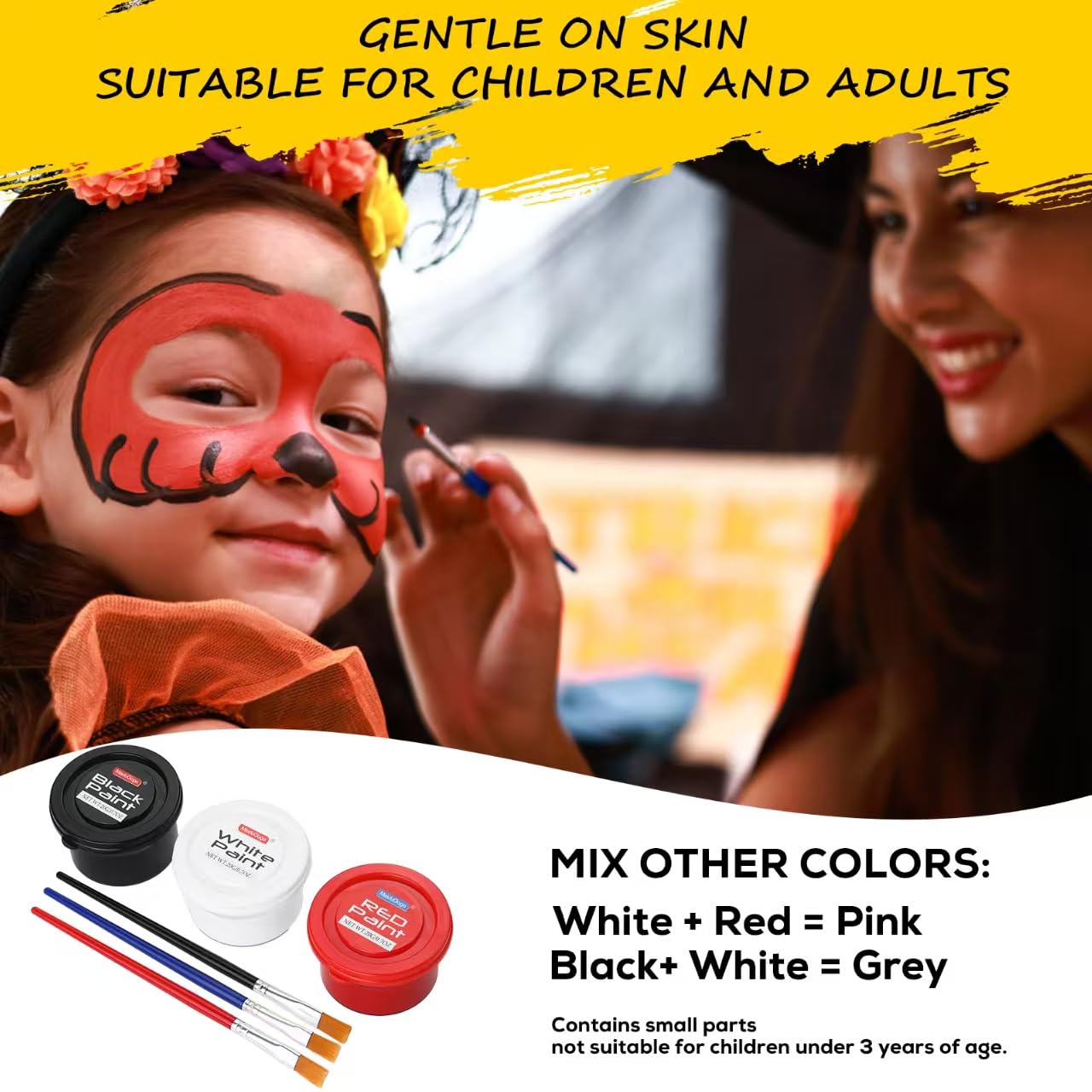 Halloween Makeup Kit, White + Black + Red Face Painting Kit for Adults 60g(2.1 oz), Body Paint Kit with Brushs for Halloween Makeup, Party, Cosplay, Theater