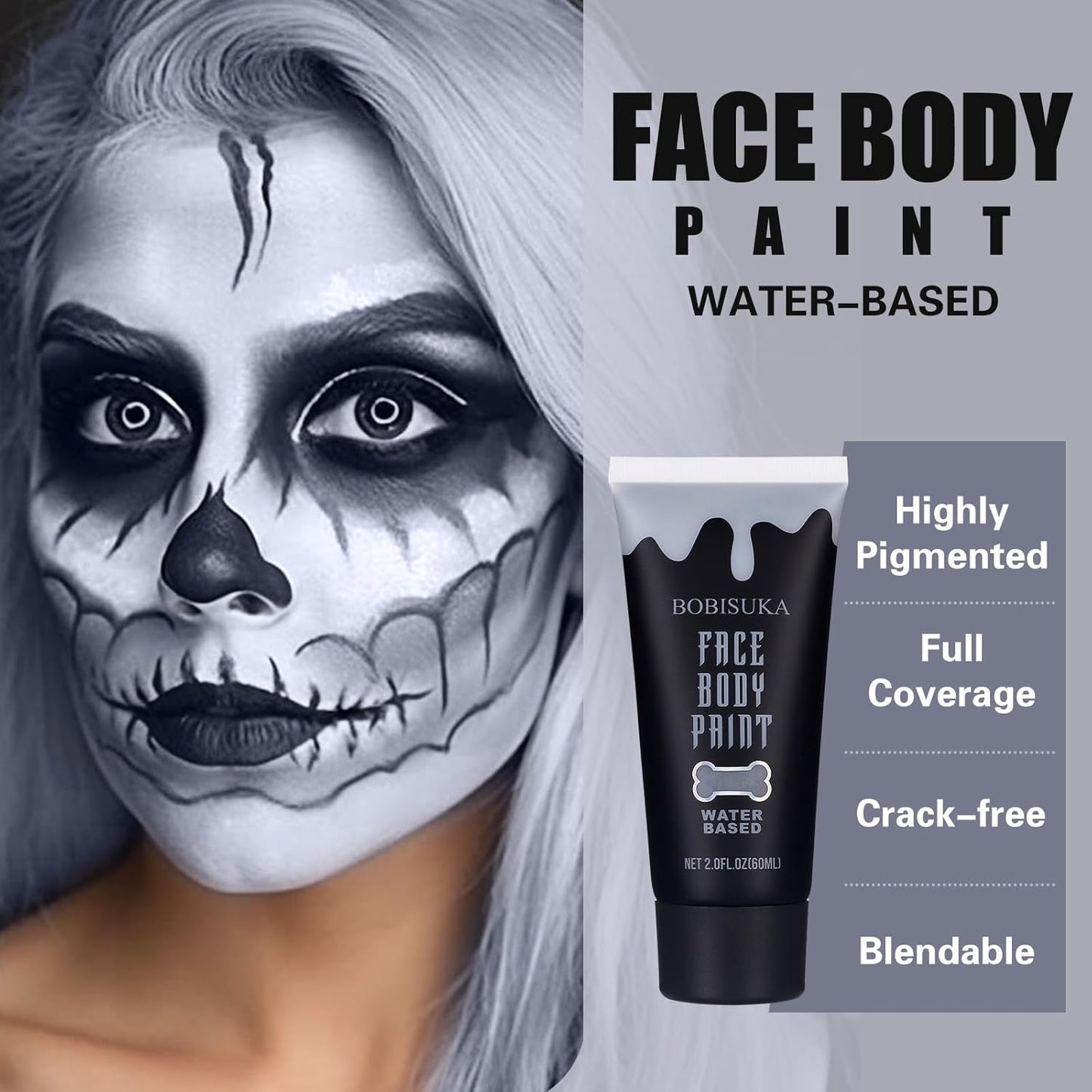 BOBISUKA Grey Face Body Paint, Water Based Face Painting for Art Theater Halloween Party Cosplay Clown SFX Makeup for Women Adults, Non-Toxic Washable
