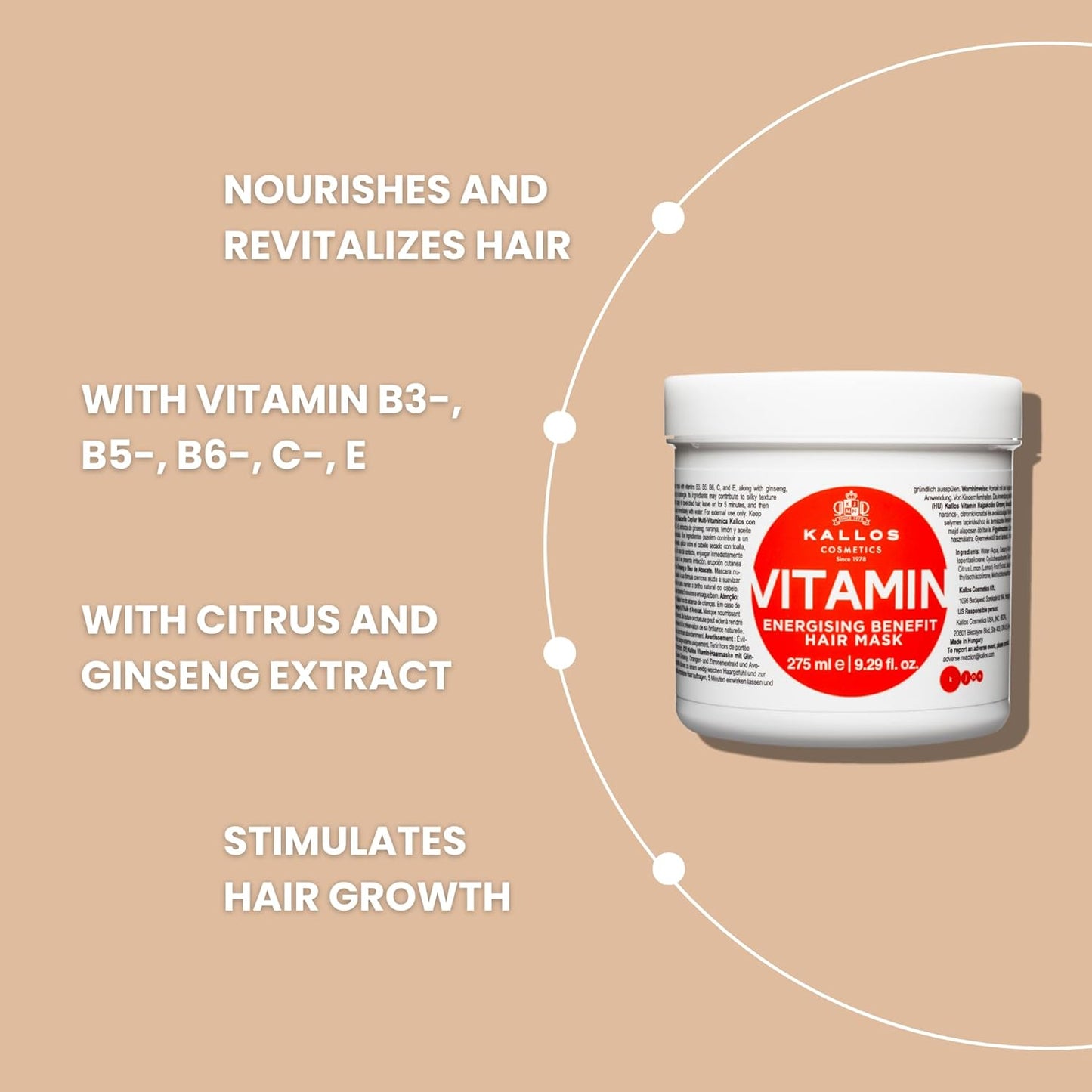 Kallos KJMN Vitamin Energising Hair Mask with ginseng extract and avocado oil 275 ml - 9,29 Fl Oz