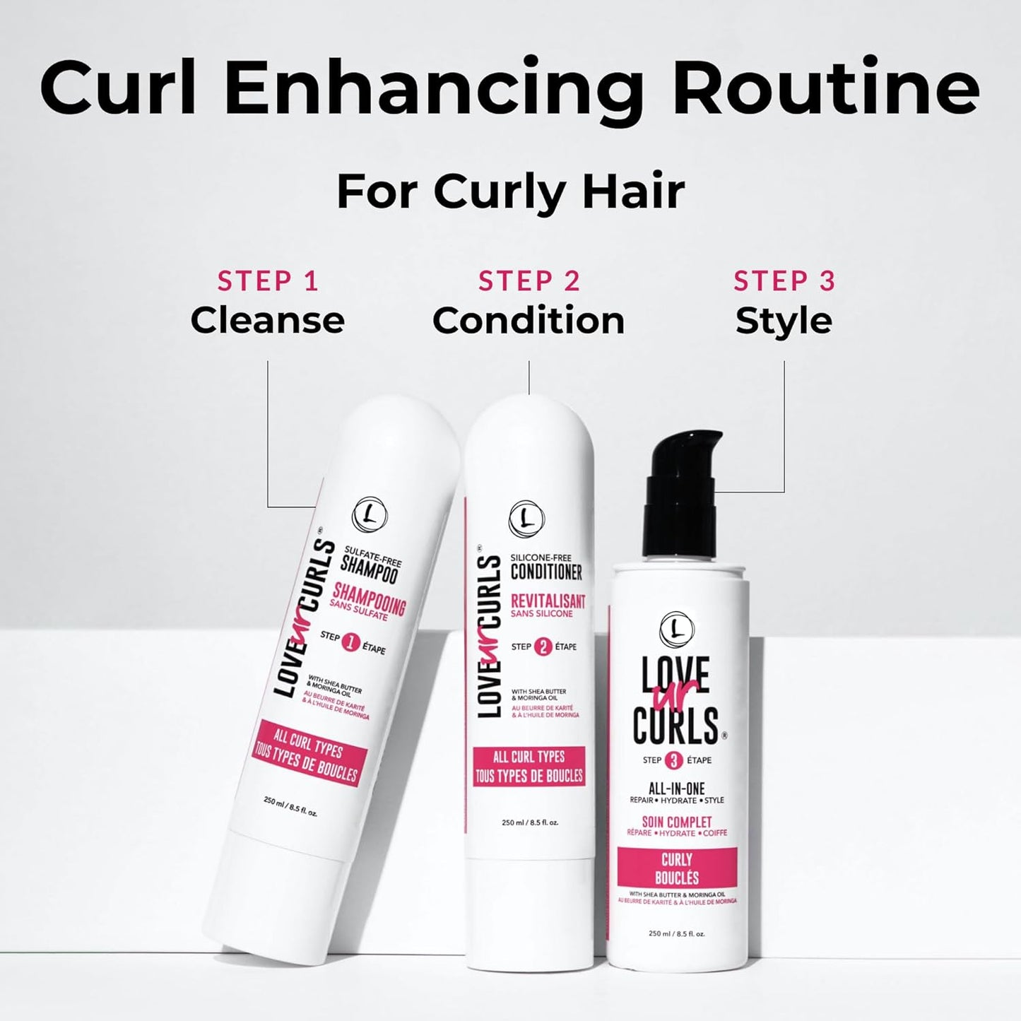 Love Ur Curls - Shampoo & Conditioner Set with All in One Curl Cream Styler for Curly Hair, 3 Step System for Repair and Moisturizing