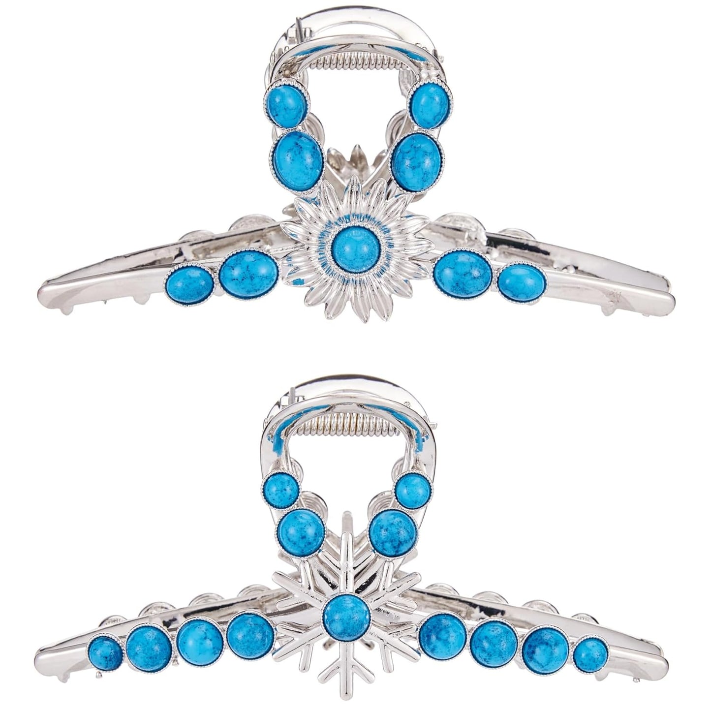 Turquoise Blue Stone Hair Clips, Large Metal Retro Sun Flower Style Claw Clip for Women Strong Hold Big Non-Slip Hair Catch Barrette Jaw Clamp for Long Thick Hair, Fashion Styling Accessories (2 Pack)