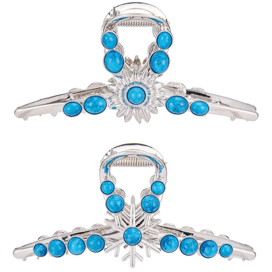 Turquoise Blue Stone Hair Clips, Large Metal Retro Sun Flower Style Claw Clip for Women Strong Hold Big Non-Slip Hair Catch Barrette Jaw Clamp for Long Thick Hair, Fashion Styling Accessories (2 Pack)