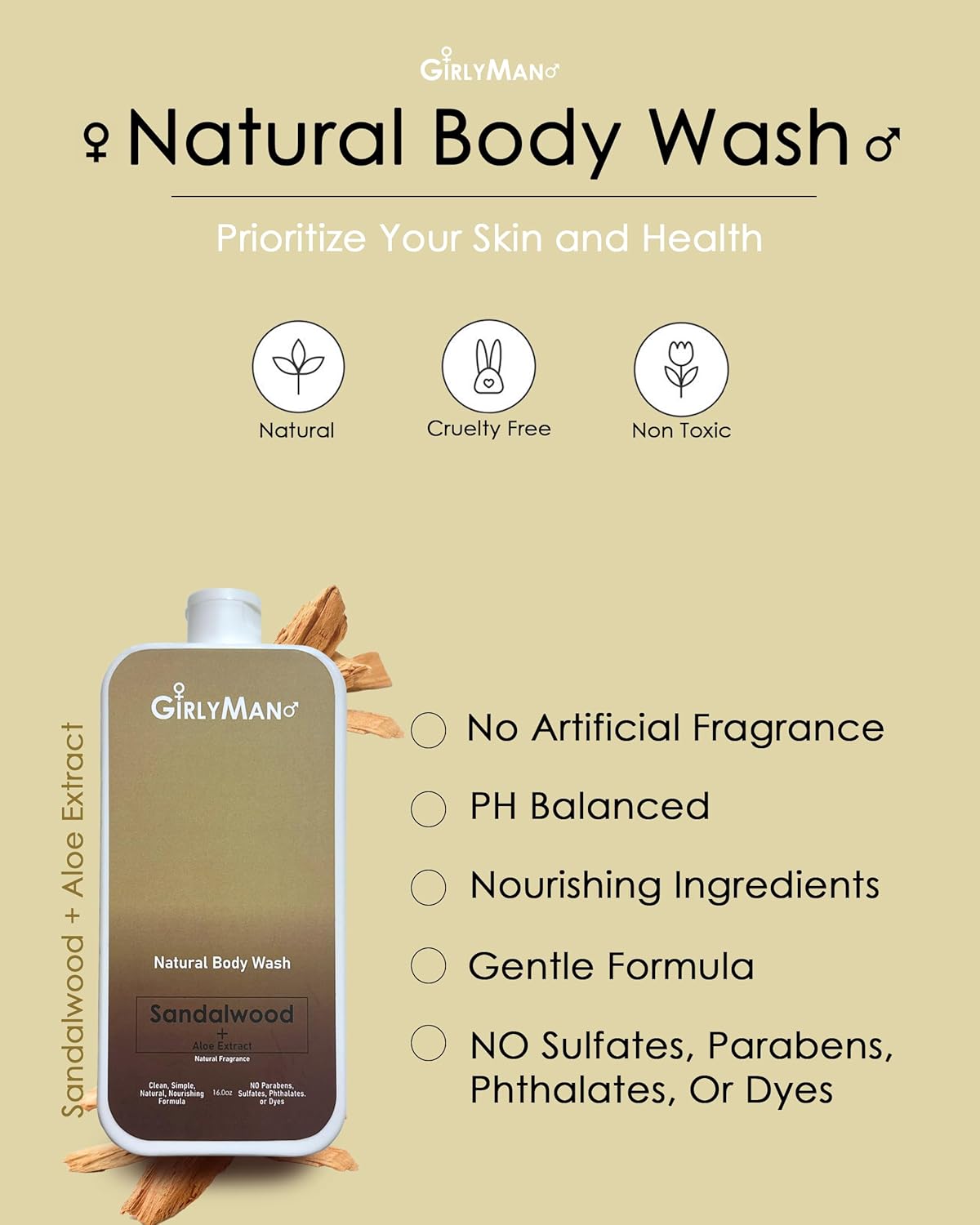 GirlyMan Natural Body Wash - Made with Olive Oil & Aloe Extract, No Artificial Fragrance, PH Balanced, Gentle Formula, Nourishing Ingredients, Family Owned (Sandalwood)