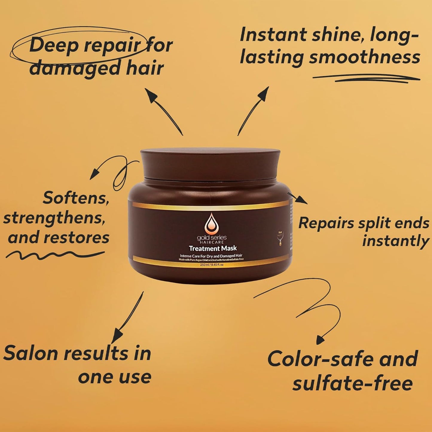 Gold Series Treatment Mask – Deep Hydrating Argan Oil Hair Mask for Dry, Damaged, Color Treated and Curly Hair Enriched with Keratin – Sulfate Free Natural Hair Repair Treatment, 8.45oz